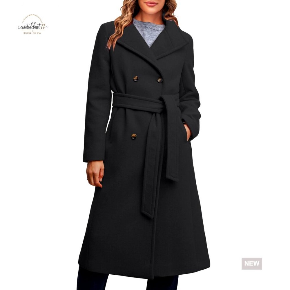 Double Breasted Wool Blend Pea Coat Long Winter Office Work Trench Elegant